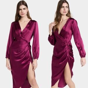 Amanda Uprichard Roma Dress XS | 100% Silk, Long Sleeve Midi, Burgundy Wine $300